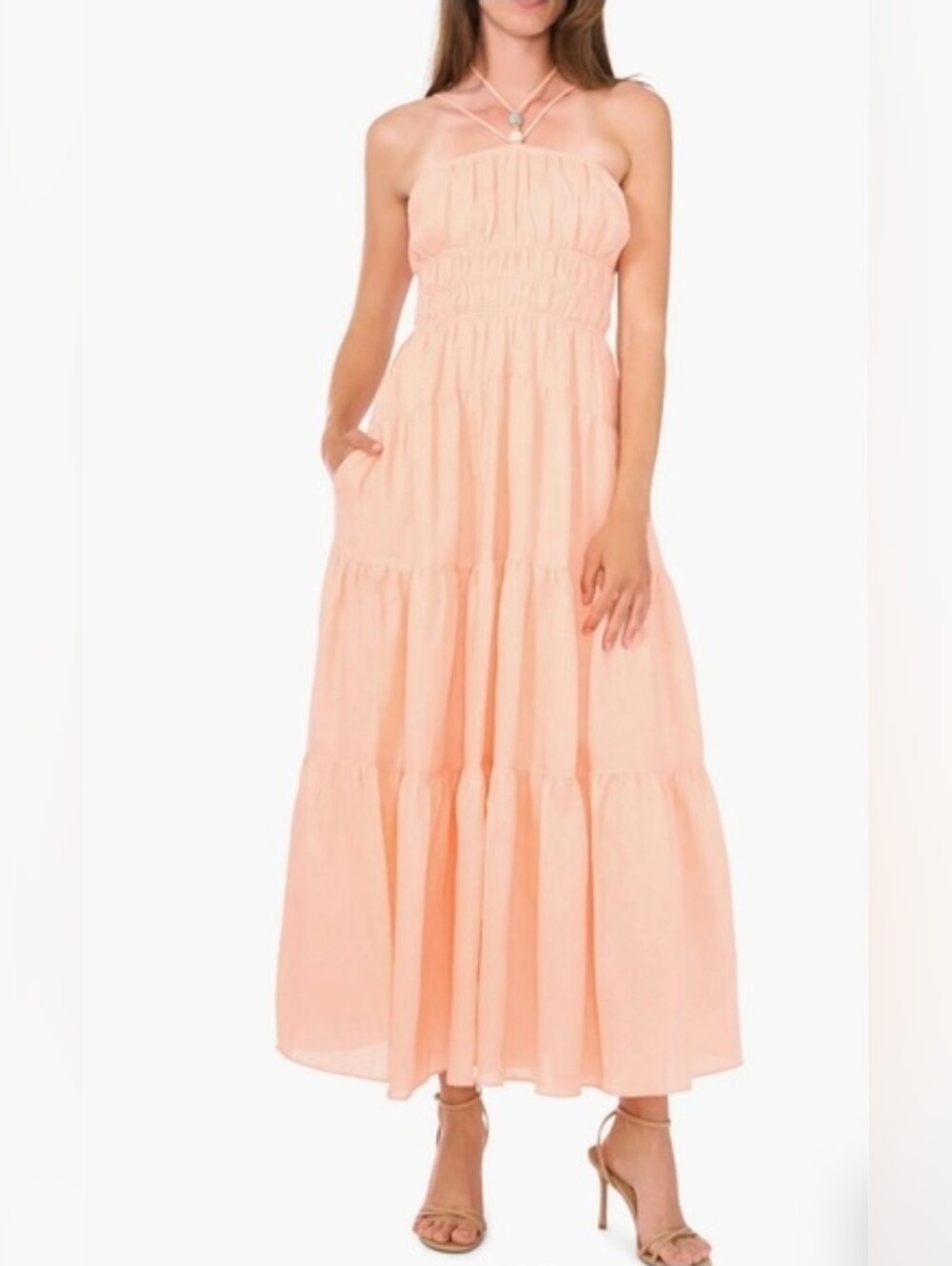 Parker The Awilda Halter Linen Tiered Maxi SunDress In Light Pink/Melon Orange 8